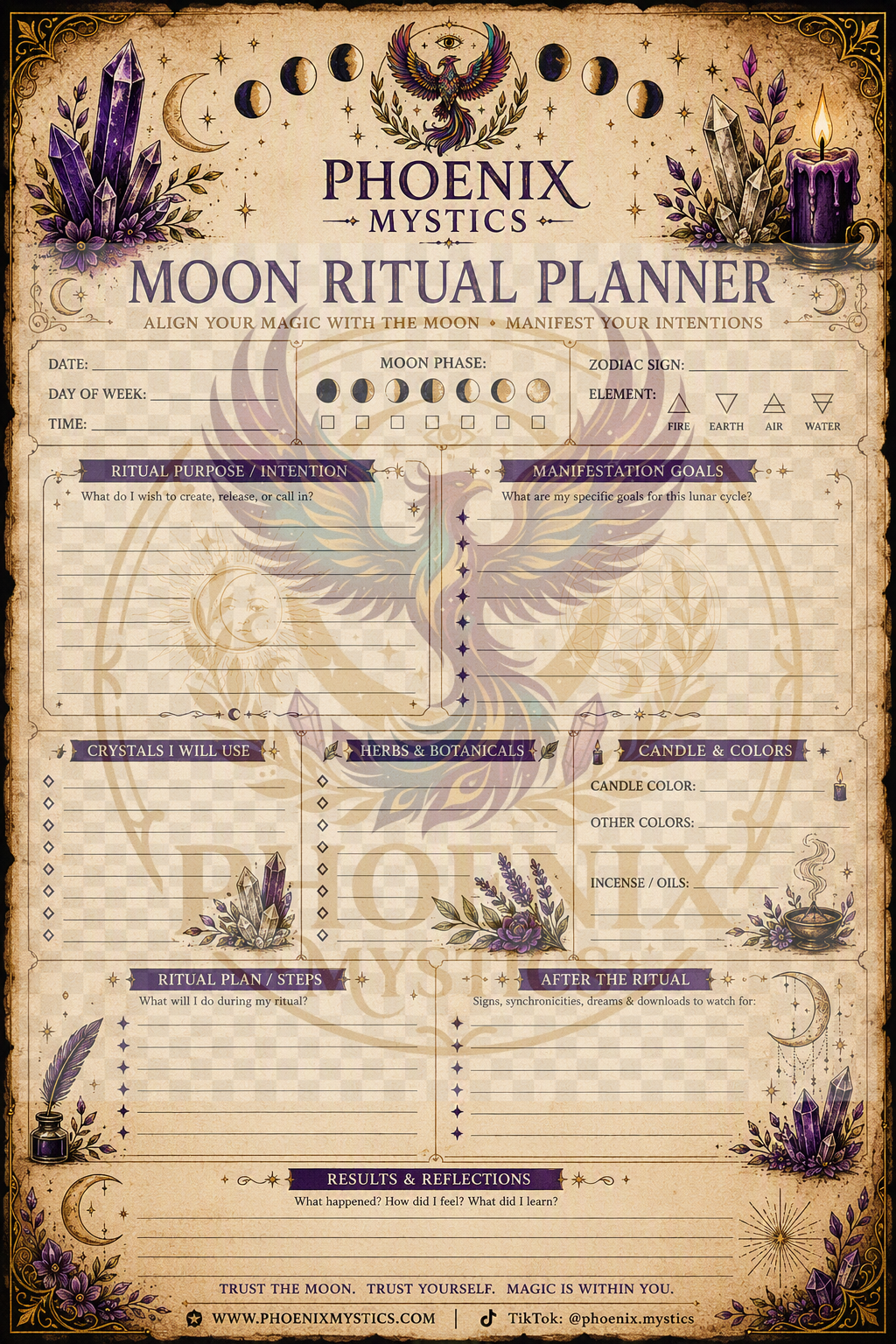 ⭐ Phoenix Mystics Moon Ritual Planner — Digital Download