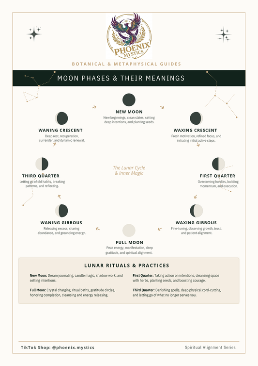 Moon Phases & Meanings Reference Guide | Lunar Rituals Chart Poster